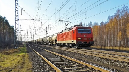 Obraz premium Vibrant Freight Train Journey Through a Scenic Autumn Landscape