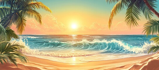 Obraz premium A beautiful beach with palm trees and waves in the background, with a clear sky at sunset