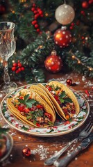 Fototapeta premium Delicious tacos filled with fresh ingredients, set against a festive Christmas backdrop.