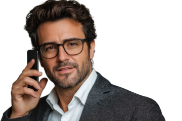 Businessman holding phone in hands using mobile phone, isolate on white background, PNG die cut transparent.