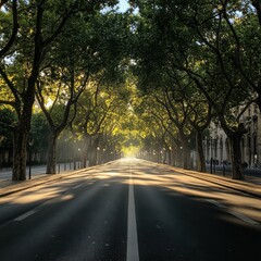 Sunlit Street Through Tree Tunnel.