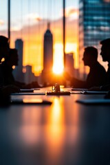 Silhouetted business people meeting against a sunset in a modern office.