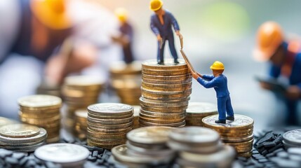 Figuras de trabajadores de construcción apilando monedas, simbolizando el esfuerzo, la inversión y la construcción de riqueza