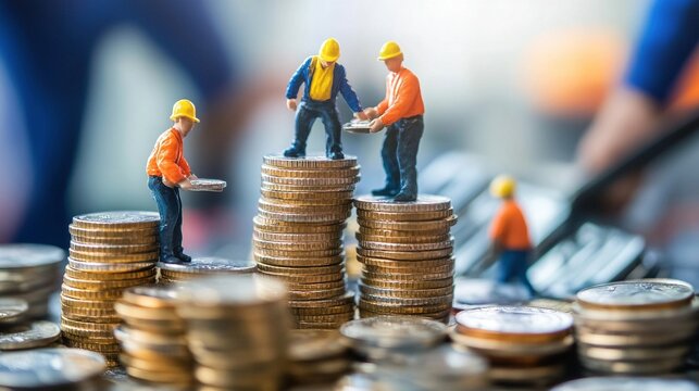 Figuras de trabajadores de construcci&oacute;n apilando monedas, simbolizando el trabajo en equipo, la inversi&oacute;n y la acumulaci&oacute;n de riqueza