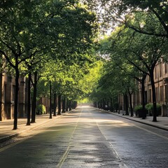 Fototapeta premium Empty Street with Trees and Sunbeams.