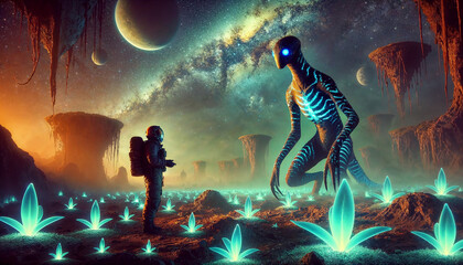 Sci-Fi Astronaut on an Extraterrestrial Planet Standing Before an Alien Creature