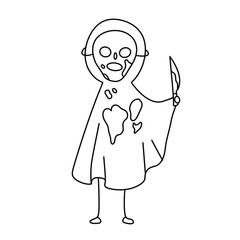 A skeleton is holding a knife and has a heart on its chest