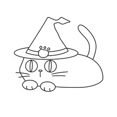 A cat wearing a witch's hat is sitting on a white background