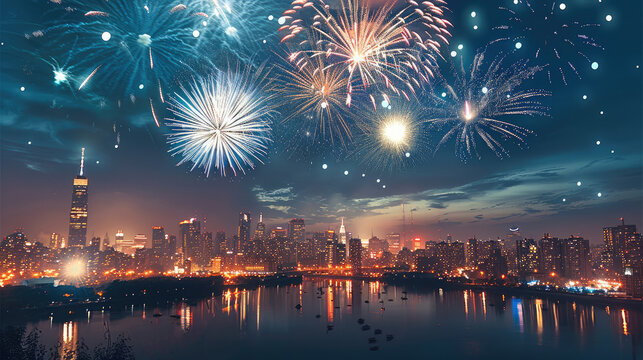 A city with fireworks at clean sky, at night.