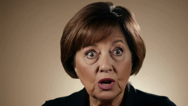 Static video of a surprised middle-aged caucasian woman with a pixie cut, studio key light, neutral beige background