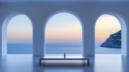 Fototapeta premium Serene Seaside View Through Arched Windows