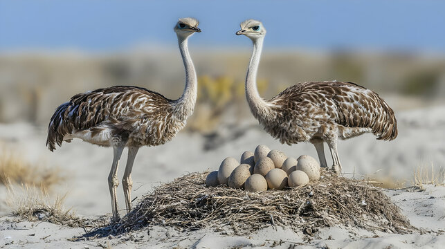 Two Rhea Birds Protecting Their Nest of Eggs.