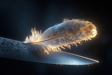 A delicate feather balancing on the edge of a knife blade, illuminated by soft, natural light, with an intricate display of textures and fine details.