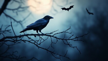 Fototapeta premium A dark silhouette of a raven perched on a branch with bats flying in a misty night sky under the moonlight.