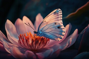 A delicate butterfly resting on a blooming flower, conveying transformation, new beginnings, and best wishes.