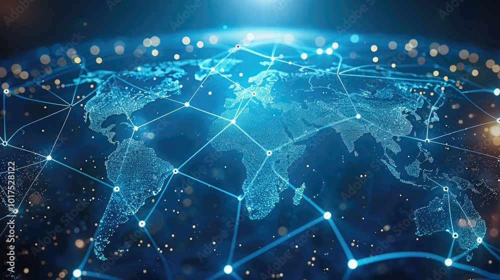 Poster A light blue background with a digital world map and global network connections, representing the concept of international business or connectivity.