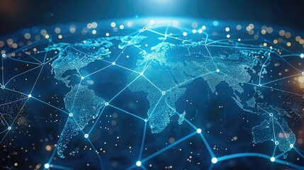 A light blue background with a digital world map and global network connections, representing the concept of international business or connectivity.