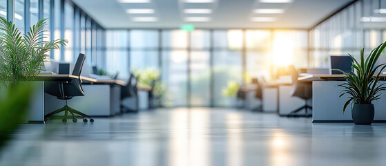 Beautiful blurred background of a bright modern office interior with panoramic windows and beautiful lighting mockup. Generative AI