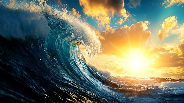 Majestic ocean wave crashing under a vibrant sunset with colorful clouds.