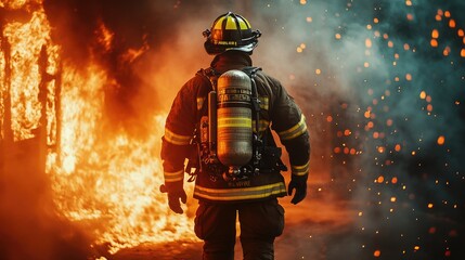 Fireman wearing firefighter and helmet searches for possible survivors in burning building