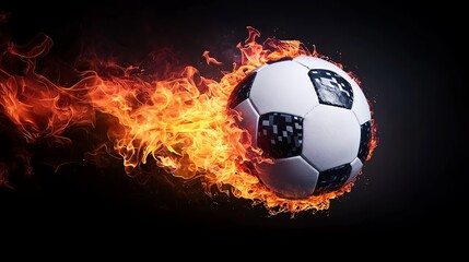 Fototapeta premium A dynamic soccer ball engulfed in flames, illustrating speed and intensity on a dark background.