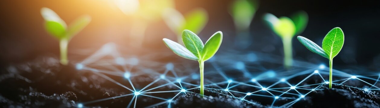 Green seedlings growing in soil with digital network overlay, vibrant lighting.