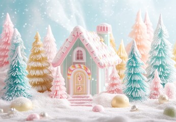 Naklejka premium Whimsical Candy House in Enchanted Winter Landscape