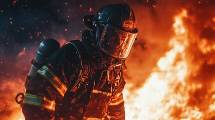 Fireman wearing firefighter and helmet searches for possible survivors in burning building