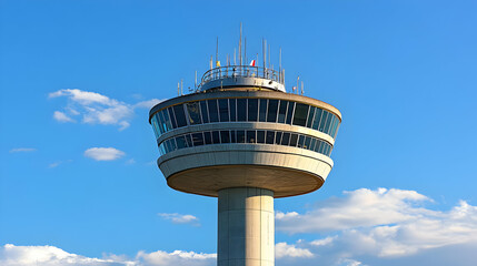 Airport Control Tower Against a Blue Sky.