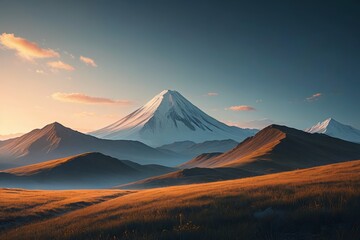mountains with a snow capped peak in the distance at sunset