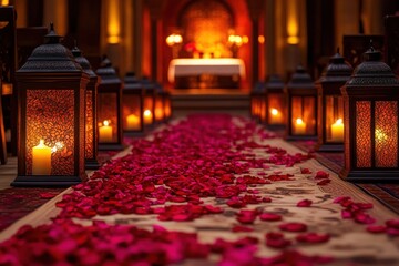 A decorative aisle with rose petals and lanterns leading to an altar, romantic scene,