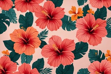 there is a large red flower with green leaves on a pink background