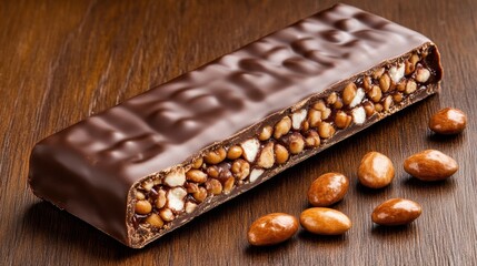 Chocolate bar with nuts on wooden surface