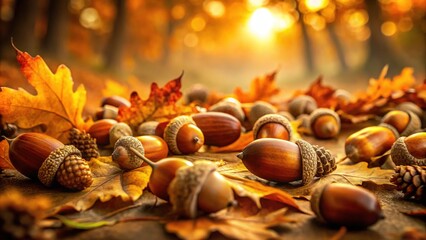 Fototapeta premium Autumn Acorns on Forest Floor - Nature's Seasonal Beauty