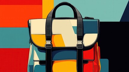 Playful Retro Line Art Illustration of a Diaper Bag on Colorful Background | Minimalistic Graphic Design with Bold Black Outlines