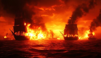 Obraz premium Historic ships ablaze on a fiery ocean, capturing a dramatic and intense maritime scene.