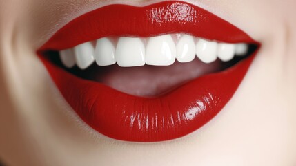 Obraz premium Lips red lipstick mouth isolated on white background with white teeth sexy kiss girl smile female mouth close up sensual seductive tongue in the mouth of a young woman cosmetics cosmetology