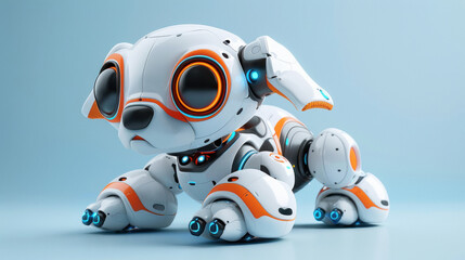 Adorable Robotic Puppy With Expressive Eyes, White And Orange Body. Future Home Pet.