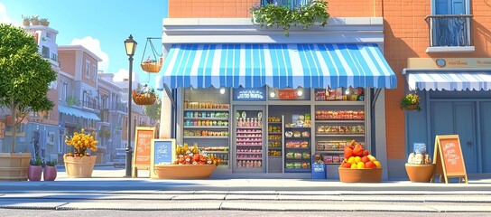 Fototapeta premium front view of a grocery store on the street, blue color theme, sunny day, bright colors, daylight