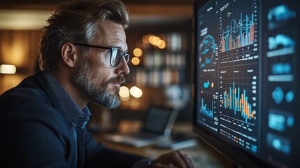 A focused individual analyzing data on a computer screen with graphs and statistics.