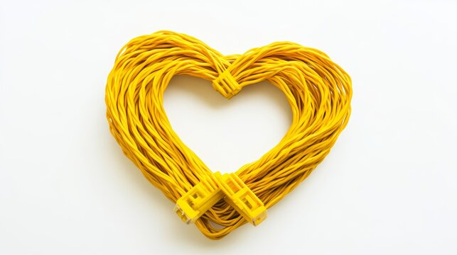Yellow network cable folded in the shape of a heart isolated on white safer internet day world telecommunication and information society day