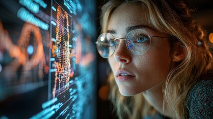 A focused individual analyzing data on a screen, highlighting technology and concentration.