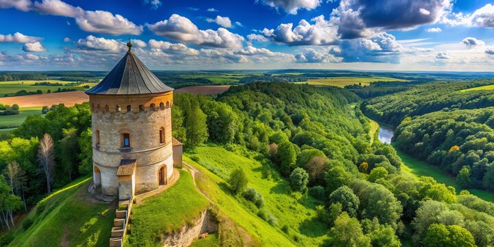 The picturesque new round tower of Ostroh Castle stands tall against the stunning Rivne Region landscape, blending rich history with remarkable