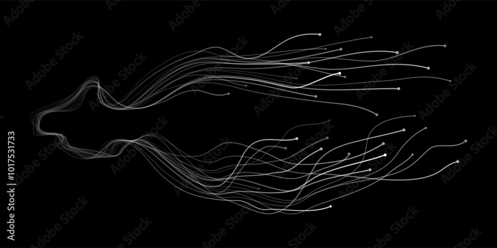 Poster Vector abstract light lines wavy flowing dynamic in white grey gradient isolated on black background for concept of AI technology, digital, communication, 5G, science, music