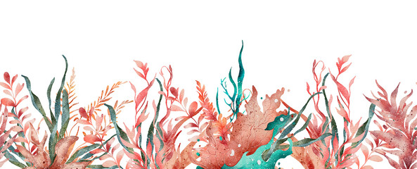Watercolor seamless border algae and corals seaweed isolated on white. Sea theme, design element, decoration of water entertainment places, parks, beaches. © EvgeniiasArt