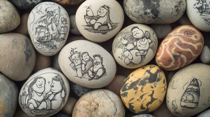 Hand-drawn round stones with various caricatures