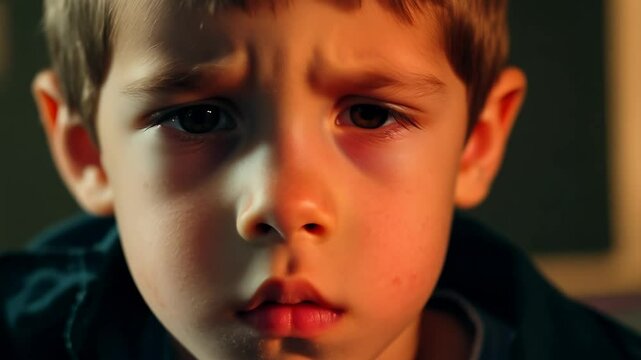 Close-up video of a teenage boy with acne, expressing embarrassment with warm, intimate lighting in a blurred classroom setting