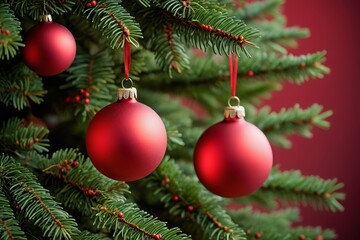 Fototapeta premium there are two red ornaments hanging from a christmas tree