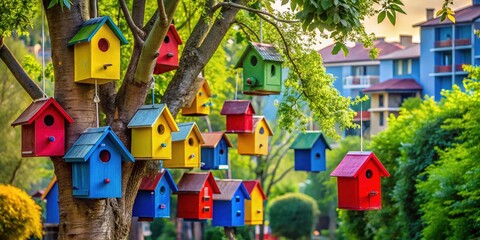 Naklejka premium Colorful Birdhouses in Urban Neighborhood - Vibrant Tree Decor for Home and Garden