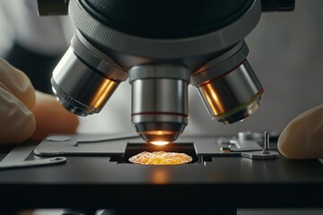 Close-up of microscope observing a specimen on a slide with glowing light.